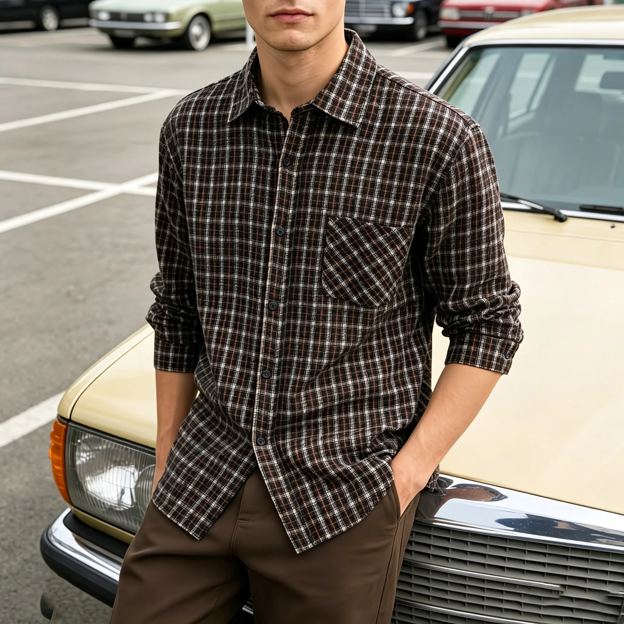 Four sided elastic deep brown fine grid men's loose long sleeved shirt with chest pocket and flip collar casual shirt