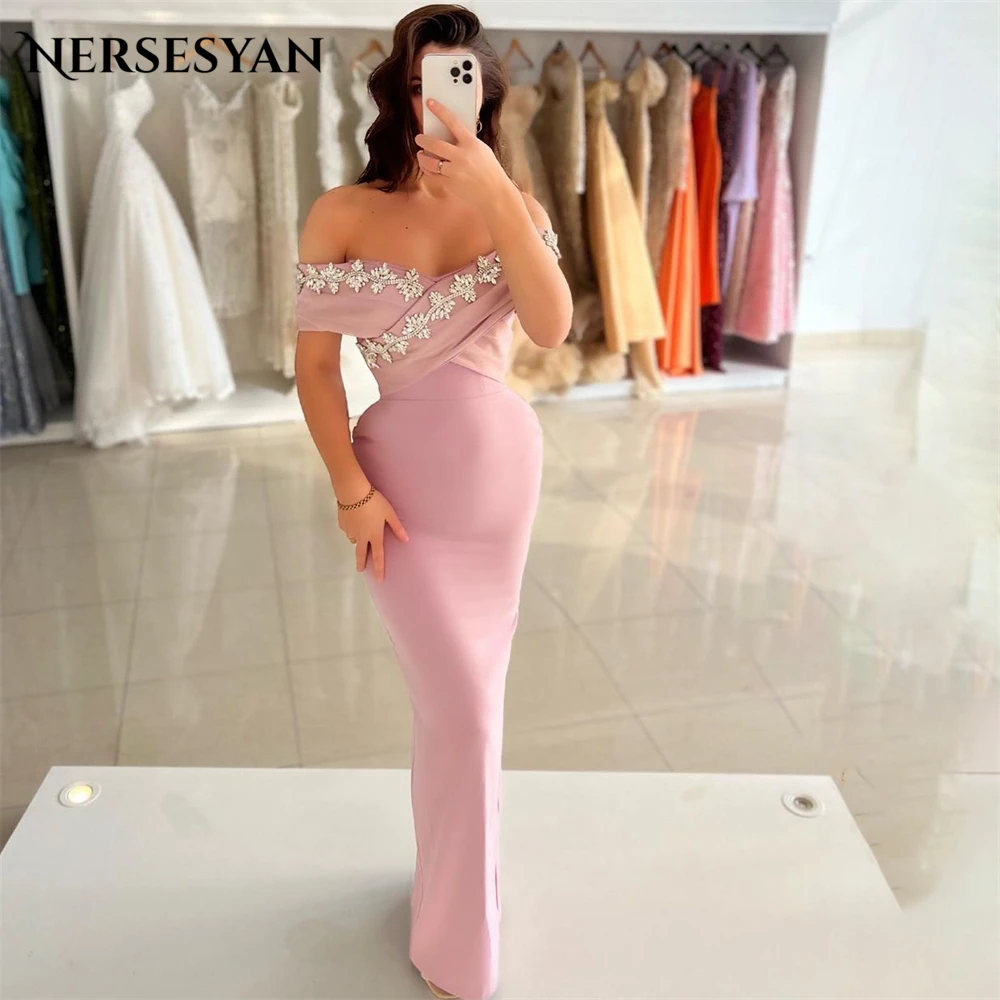

Nersesyan Pink Glitter Mermaid Evening Dresses Off Shoulder Beads Sleeveless Bodycon Prom Dress Backless Celebrity Party Gowns