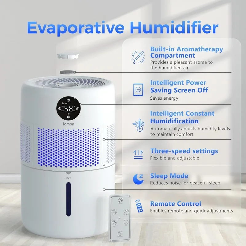 Lamon®Humidificadores para dormitorio, humidificador evaporativo frío para el hogar con anión y filtro, 4.5L superior de humidificadores de relleno, 400 ml/H