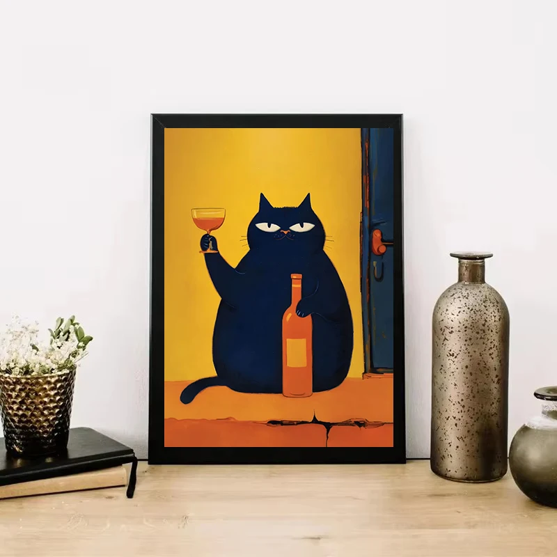 Black Cat With Glass Bottle Wine Chess Poster Chic Cat Modern Illustration Artwork Canvas Painting Wall Pictures Kitchen Decor