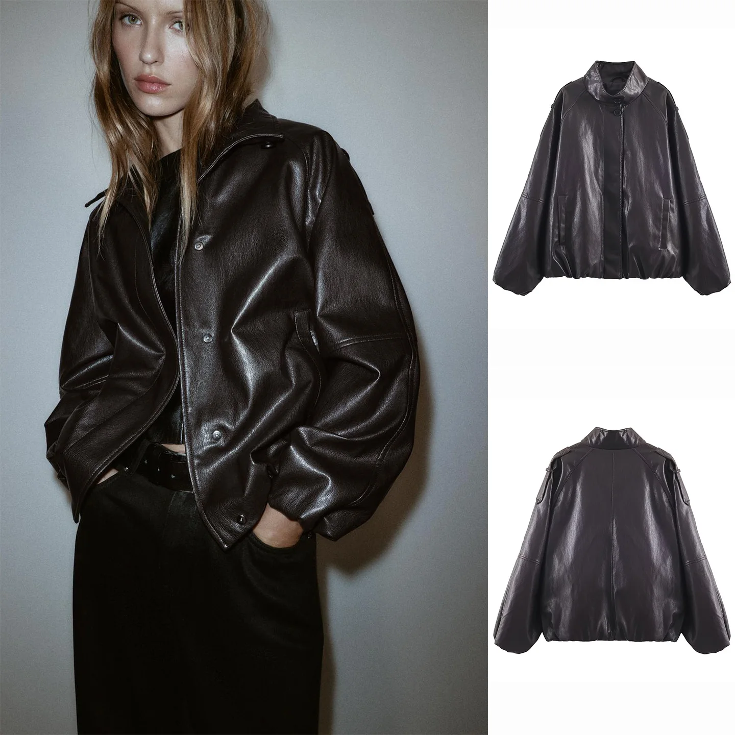 Faionable فضفاض الوقوف طوق طويل Sve بولي Leather الجلود Jaet المرأة ملابس خارجية الخريف الشتاء جديد Sle 638025 ألياف البوليستر #1