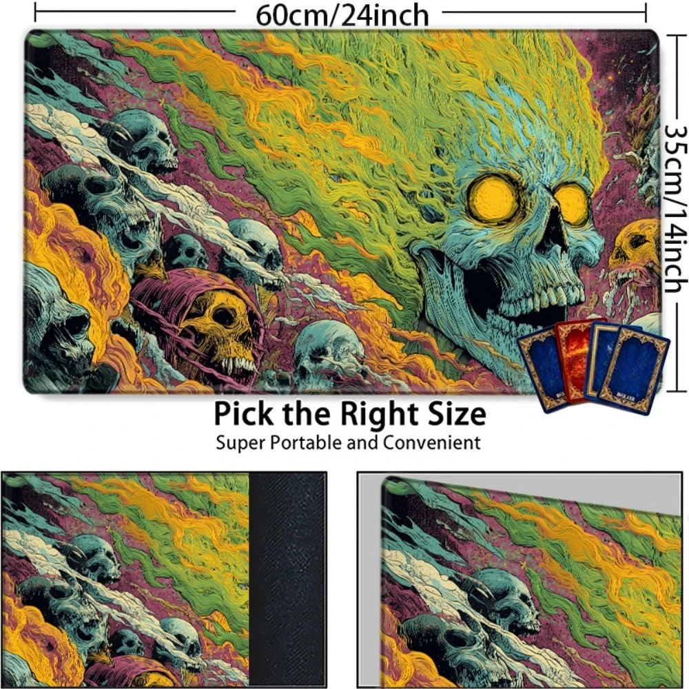 The psychedelic skull threatening the fiery aura TCG game mat is suitable for collectible card game CCG/TCG and is compatible