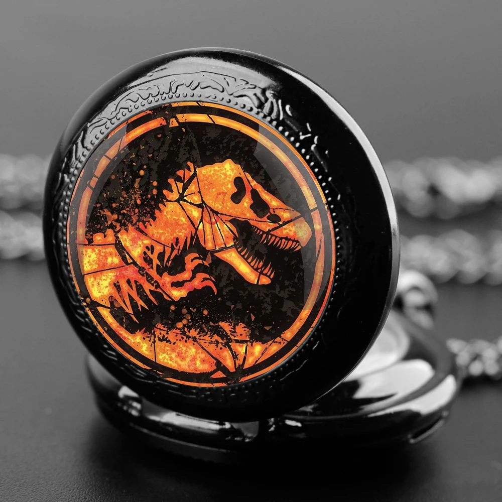 Dinosaur Glass Dome Quartz Pocket Watch With Durable Chain Arabic Numeral Dial Halloween Gifts for Men Women Kids