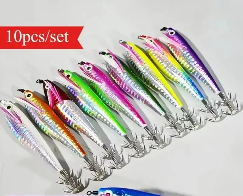 10Pcs Horizontal Egi Squid Jig Set,10.5cm Glow Simulation Shrimp Bait,Sea Fishing Tackle for Octopus Cuttlefish Large Squid gallery 5