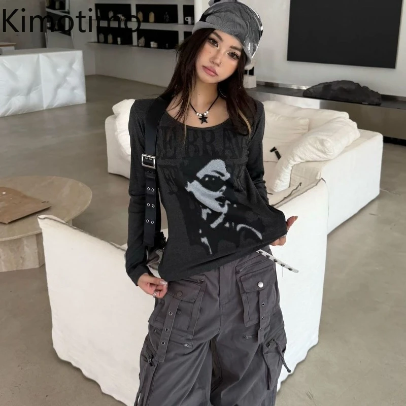 

Kimotimo Casual Graphic Letter Print Long Sleeve T-shirts Women American Retro Slim Fit Base Tops Y2k Aesthetic Spicy Girl Tees