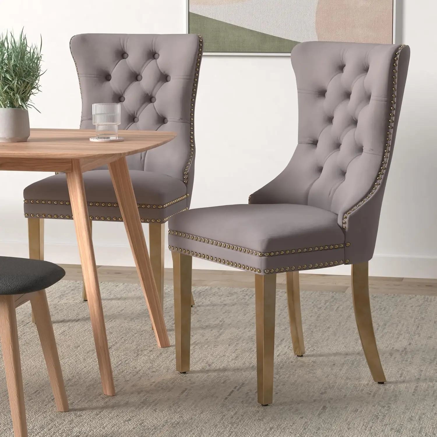 Grey Velvet Dining Chairs Set of 2 Upholstered Dining Room Chairs  Back Ring Pull Trim and Golden Stainless Steel Legs(Grey)