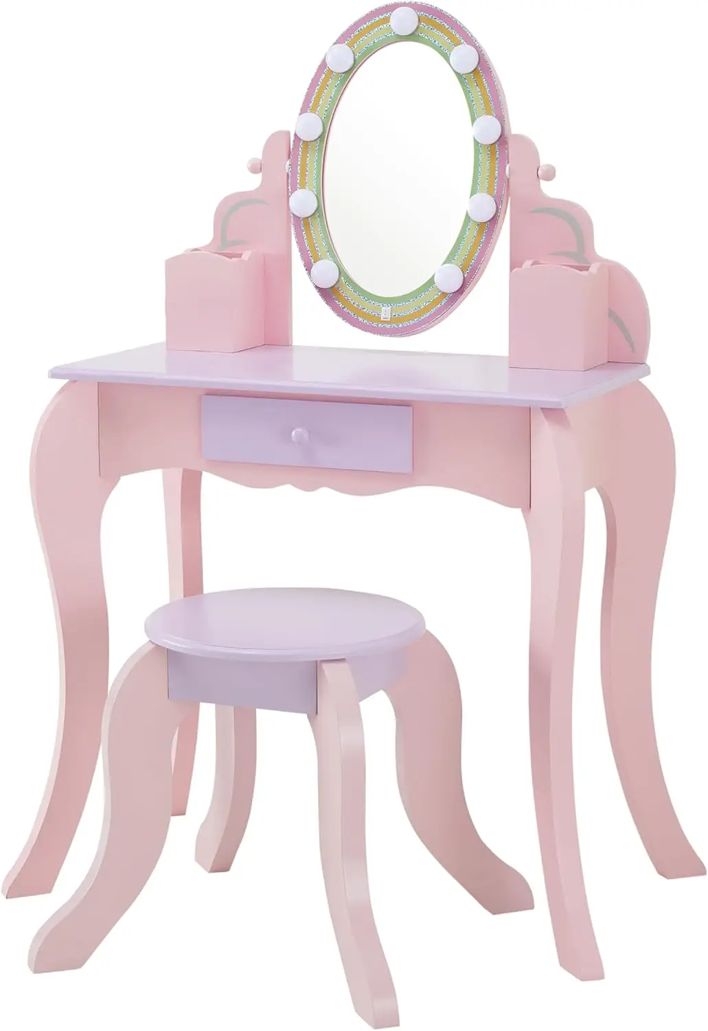 Kids Vanity Set with LED Mirror, Stool & Drawer - Pink & Lavender Play Furniture for Toddlers