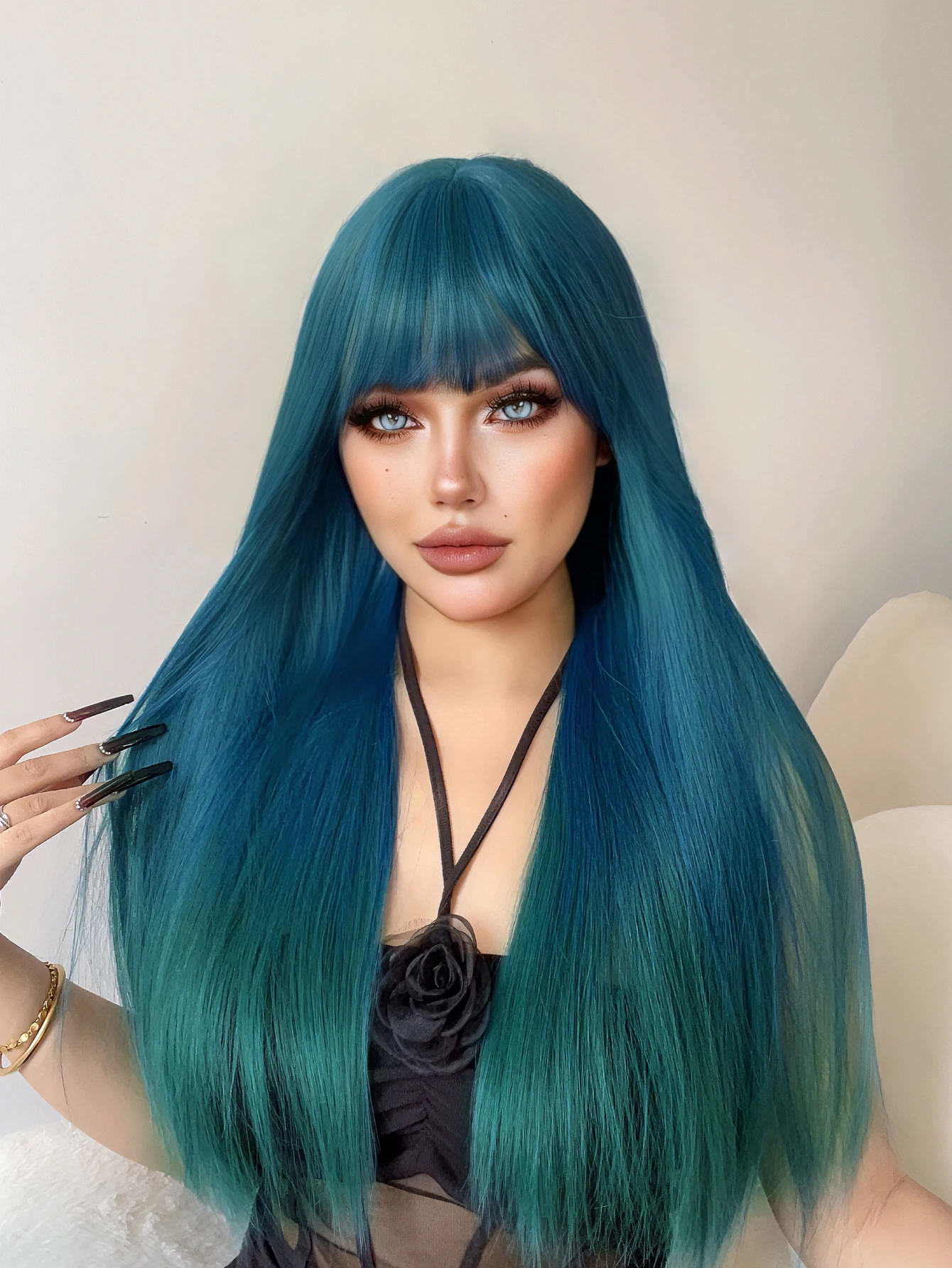 28Inch Teal Blue Color Synthetic Wigs With Bang Long Natural Straight Hair Wig For Women Daily Cosplay Drag Queen Heat Resistant