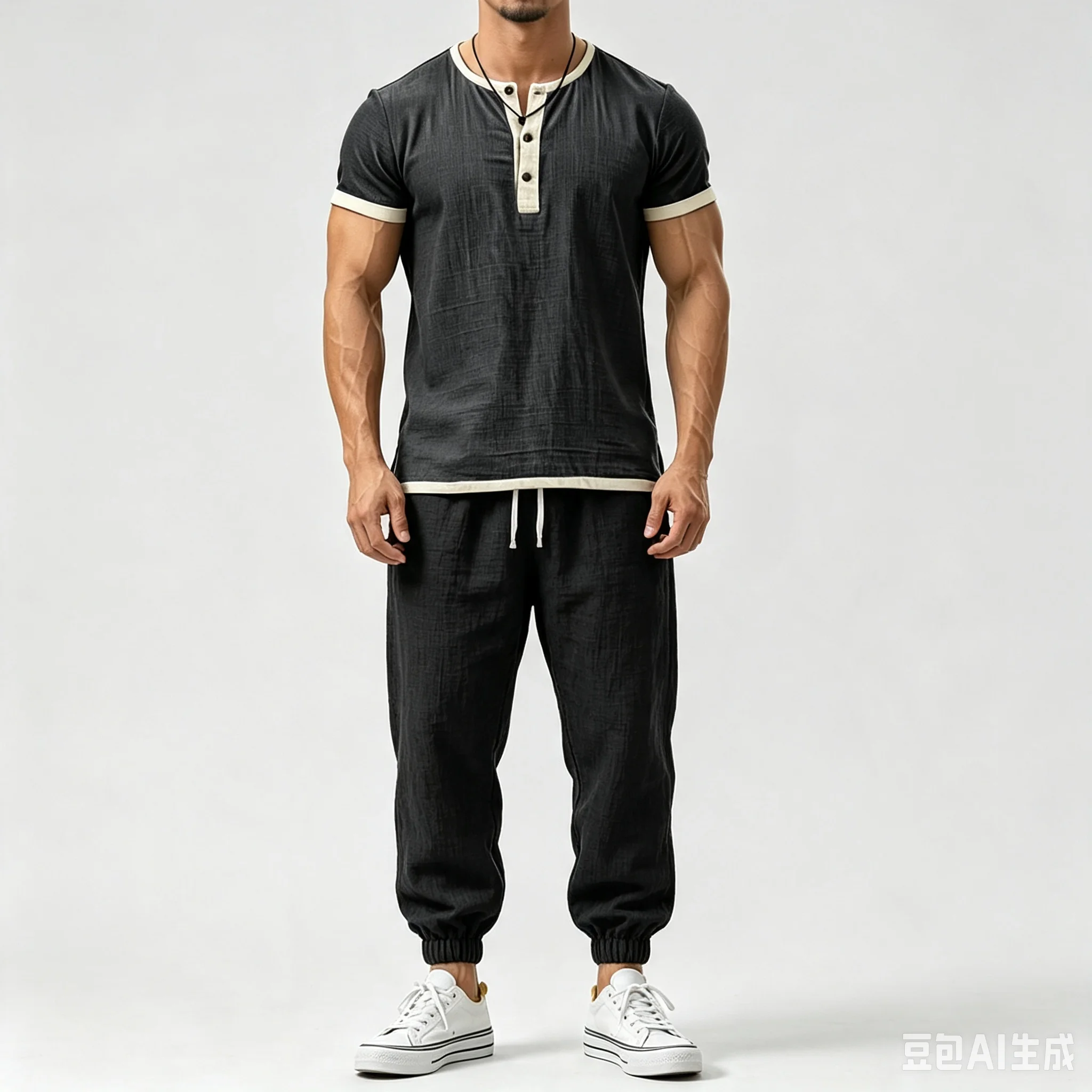 Herren 2-teiliges Freizeitset, einfarbig, Kurzarmhemd mit Knöpfen und lange Hose, Sommer-Outfit, Streetwear-Trainingsanzug – Detail 10