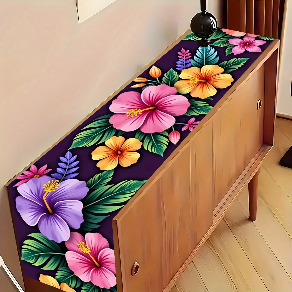 Hawaiian Hibiscus Flower Leaf Linen Table Runner Home Decorations Summer Tropical Floral Leaves Plants Table Runners Party Decor