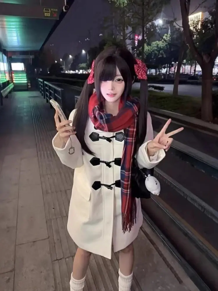 

Thiened Winter Coat Tea Rose Patterned Woolen Jaet College Sle Mid-Length Single Button Closure Women's Faion Outerwear