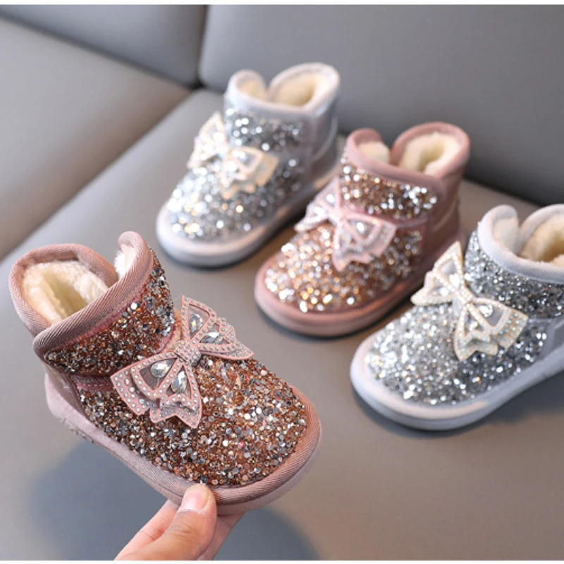 Winter Girls\' Boots Fashion Bow Tie Girl Shoe Comfort Versatile Child Shoes Anti Slip Cute Snow Boot Warm Thick Ankle Boots