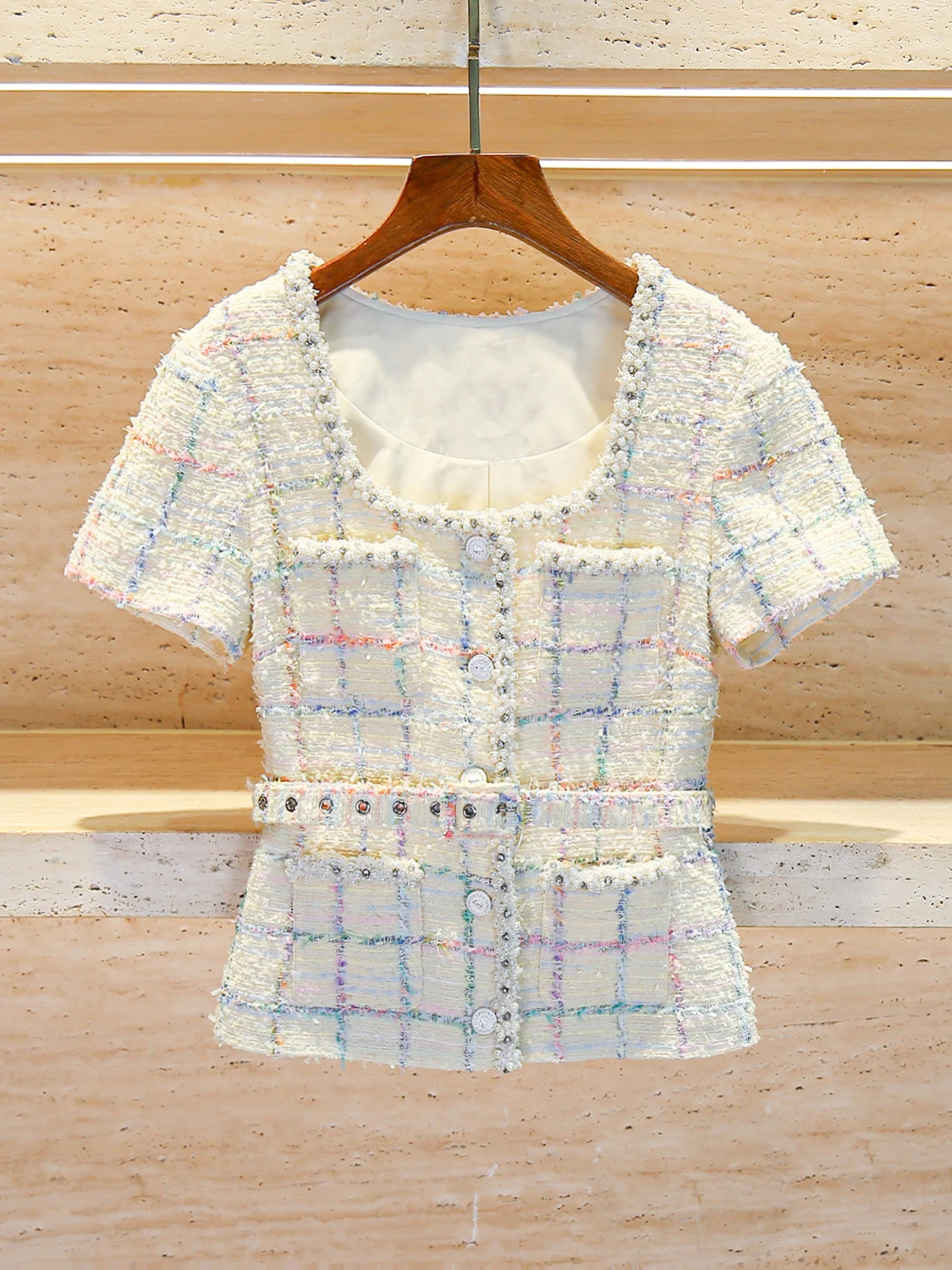 

High-End Summer Women's Cheered Waistcoat with Pearl Embelliment And Bow Belt Commuter Sle Slim Fit ort Coat