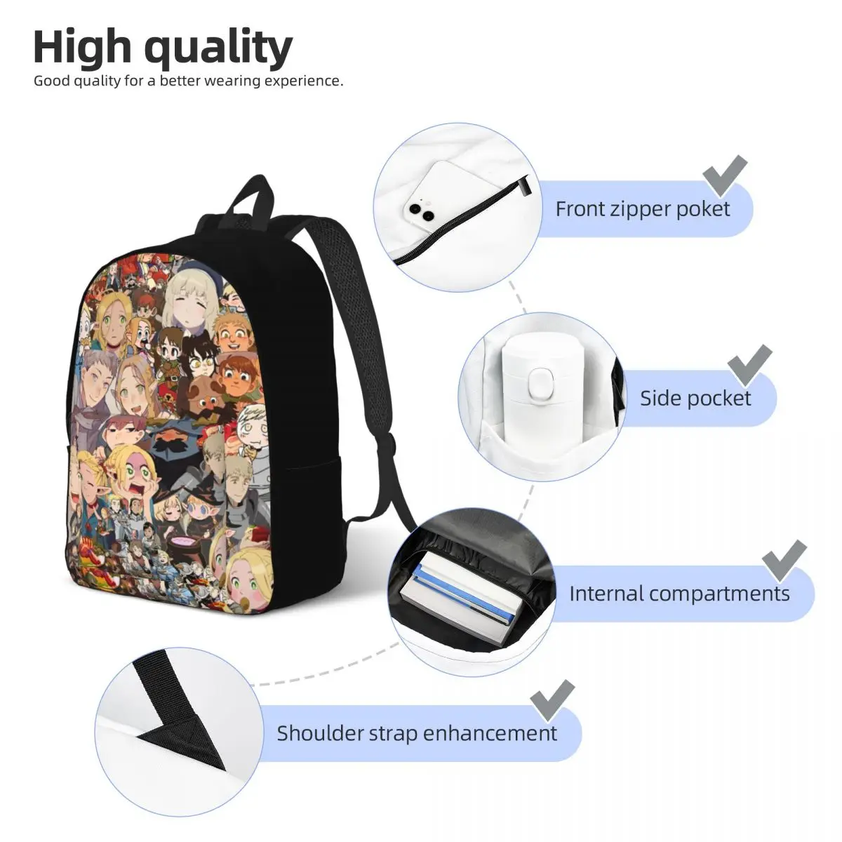 Mochila informal Delicious In Dungeon Meshi para hombres y mujeres, bolso de hombro universitario para deportes, escuela secundaria, senderismo, viajes, Anime Daypack