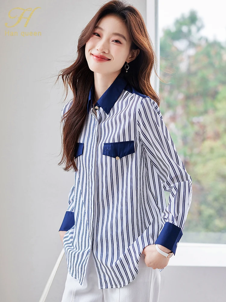 

H Han Queen Women Stripe Print Casual Tops Spring Autumn Blouses Fashion Long Sleeve Office Lady OL Shirts Loose Blusas