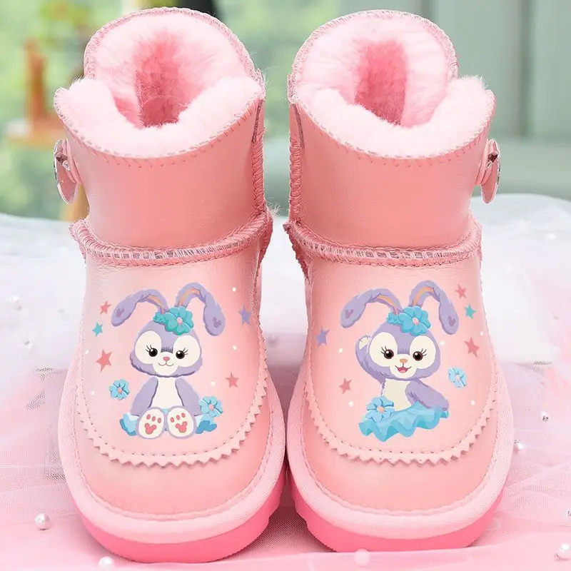 Disney Girls\' Snow Boots Genuine Leather StellaLou Cartoon Waterproof Winter Children\'s Shoes Baby Girls\' Thickened Ankle Boots