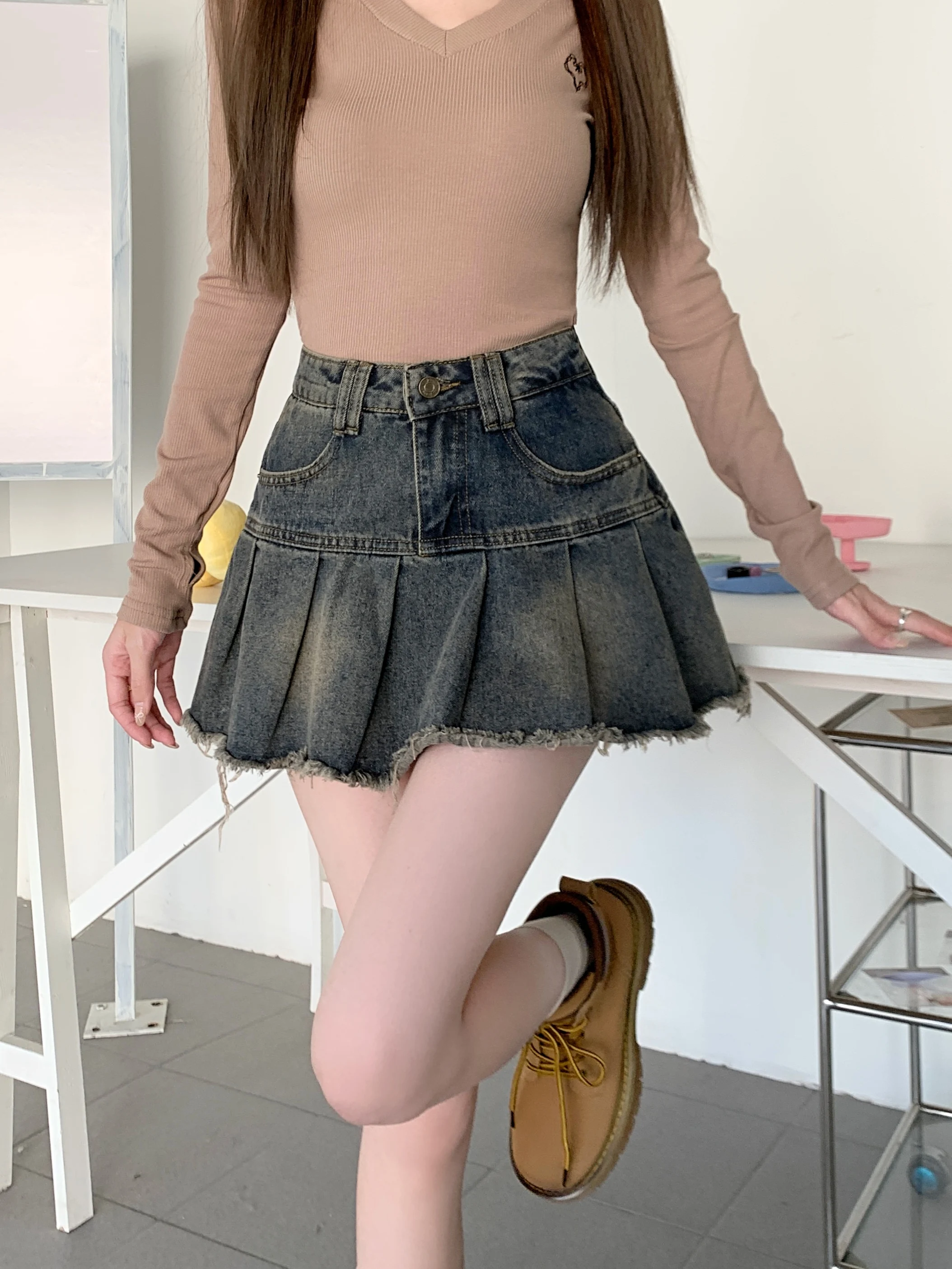 Women\'s Summer Cute Denim Short Skirt High Waist Burr Edge Spliced Casual A-line Harajuku Korean Style Y2K Mini Pleated Skirt