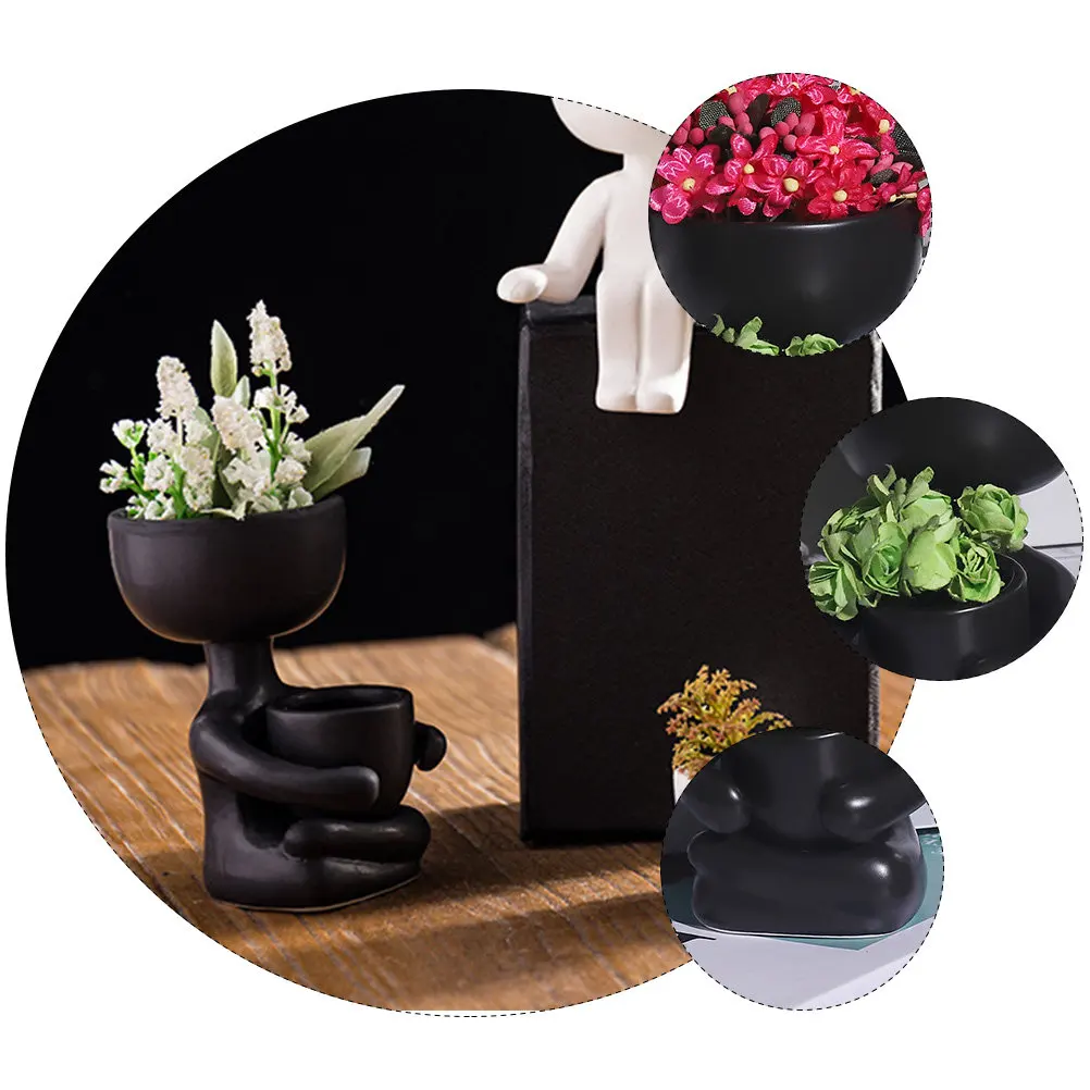2Pcs Ceramic Flowerpot Human Shape Succulent Planter Cute Cartoon Design for Desk Shelf Balcony Indoor Outdoor Home Office Decor
