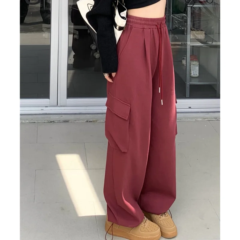 

American Vintage Red Cargo Pants Fashion Many Pocket Straight Mopping Pants High Street Y2K Baggy Wide Leg Trouser Ladies Spring