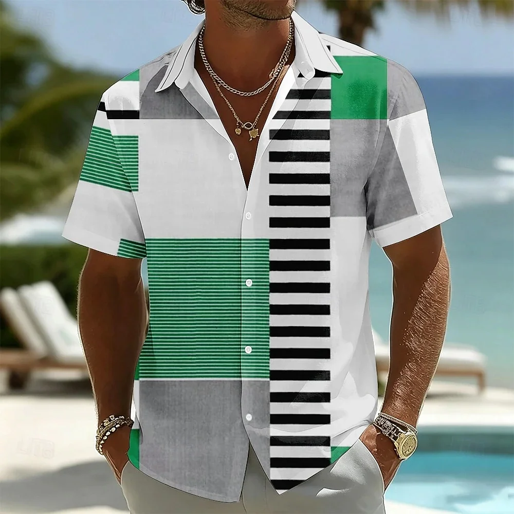 Men's Hawaiian Collar Shirt with Vertical Line Texture Patch Pattern Printed Fashionable Short Sleeved Seaside Casual Shirt