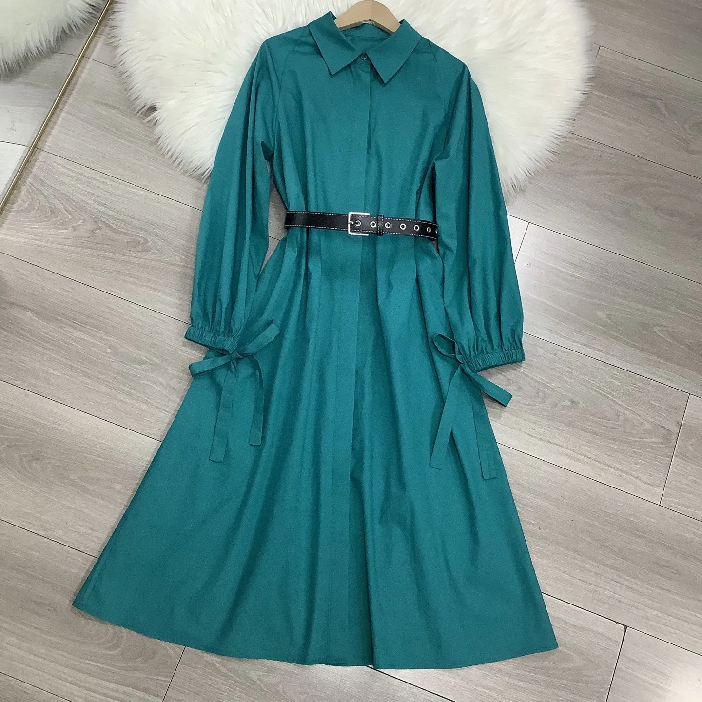 ZJYT Herbst Neue Hemdkleider aus 100 % Baumwolle für Frauen 2025, modisches Langarm-Reverskragen mit Gürtel, lässiges Midi-Urlaubskleid