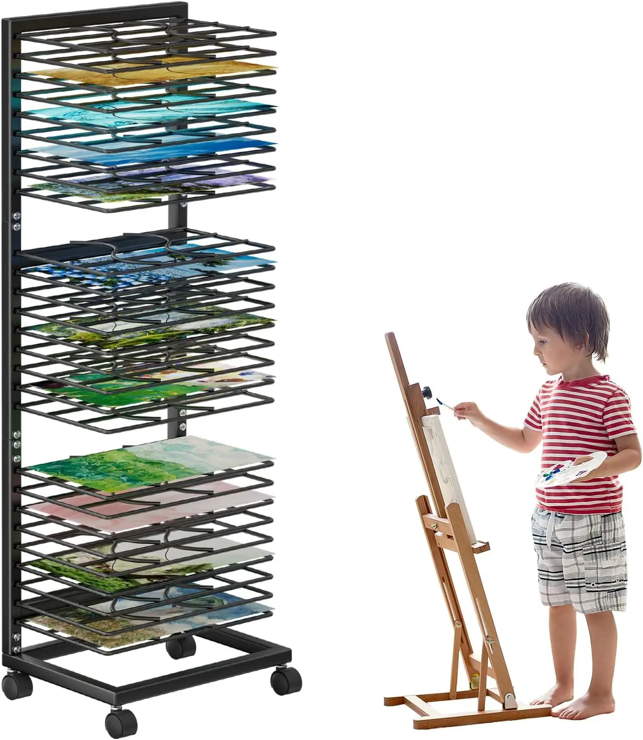 

﻿ 27 Removable Shelves Art Drying Rack，Lockable Wheels, Metal Art Storage Rack, Art Drying Rack for Classroom, Art Studios and S