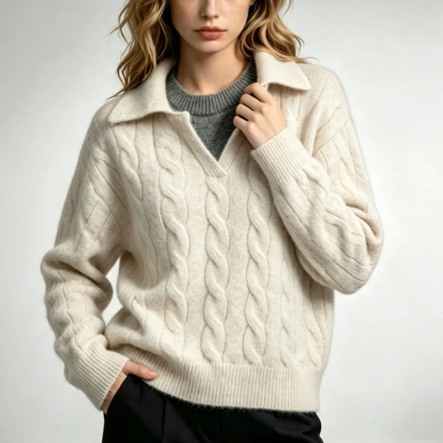 2026 New Autumn Winter Women Lazy Style V Neck Knit Sweater Solid Color Relaxed Fit Pullover Lapel Knit Loose Ladies Knitwear