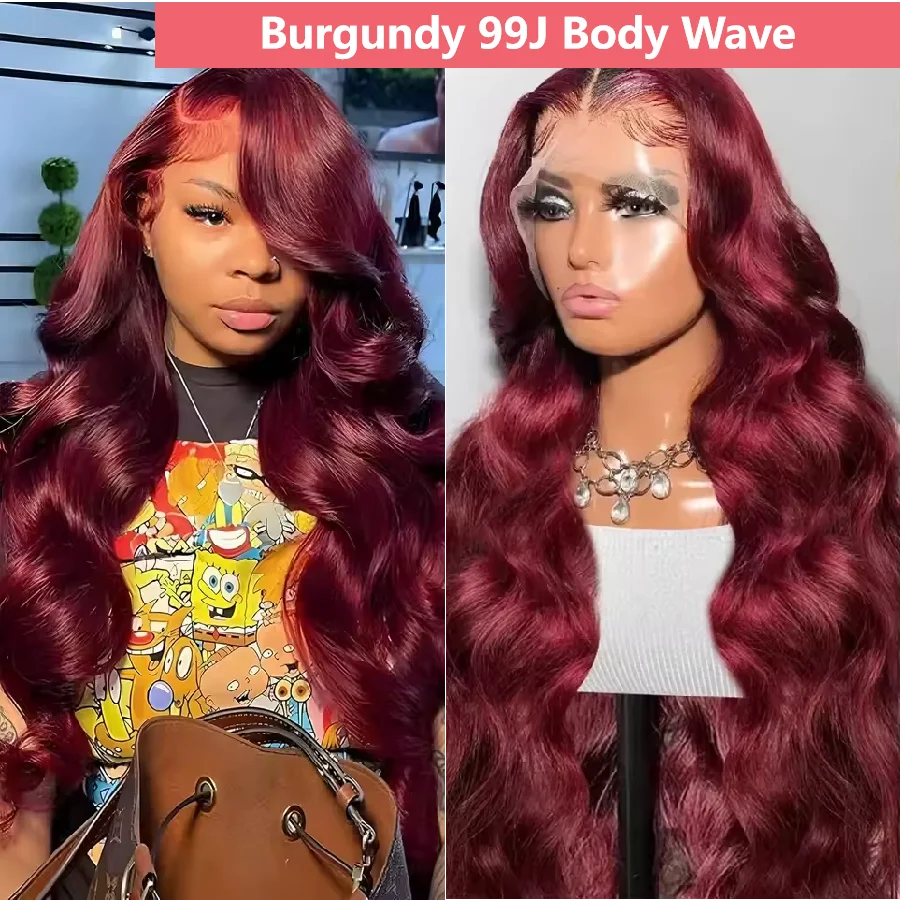 

Парик из натуральных волос 99J Burgundy Body Wave с кружевной передней частью, 30-38 дюймов, 13x4, 13x6, HD кружевной фронтальный парик, плотность 200%, с предварительно выщипанными волосами