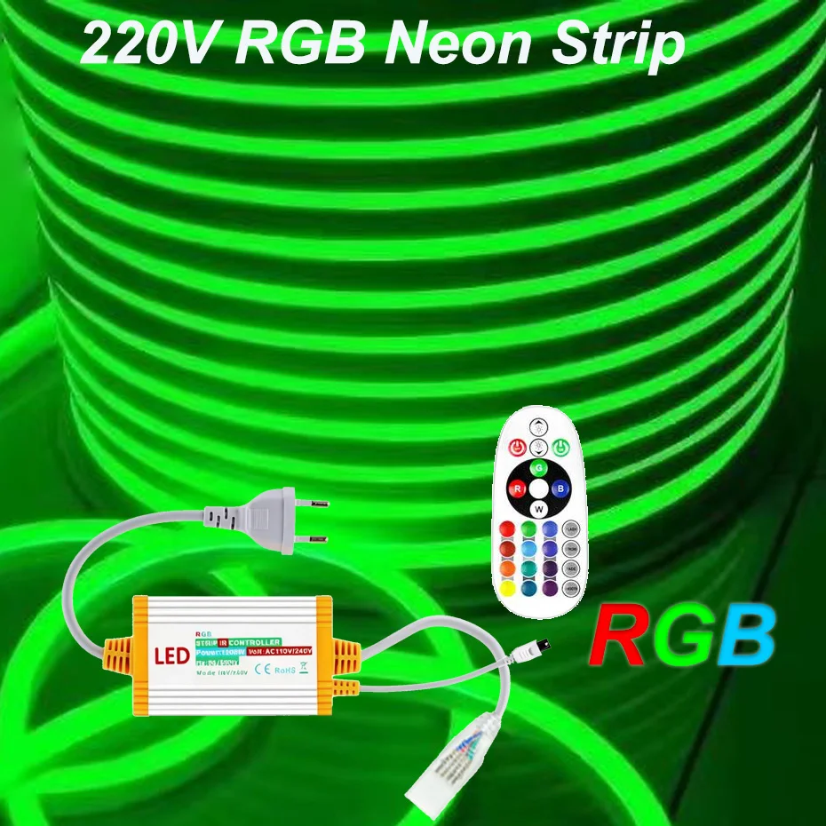 220V Flexible RGB Neon Strip 72LEDs/m 1m-50m IP65 Waterproof Ribbon Tape 1500W EU Plug & 24Keys Remote for Building Decor