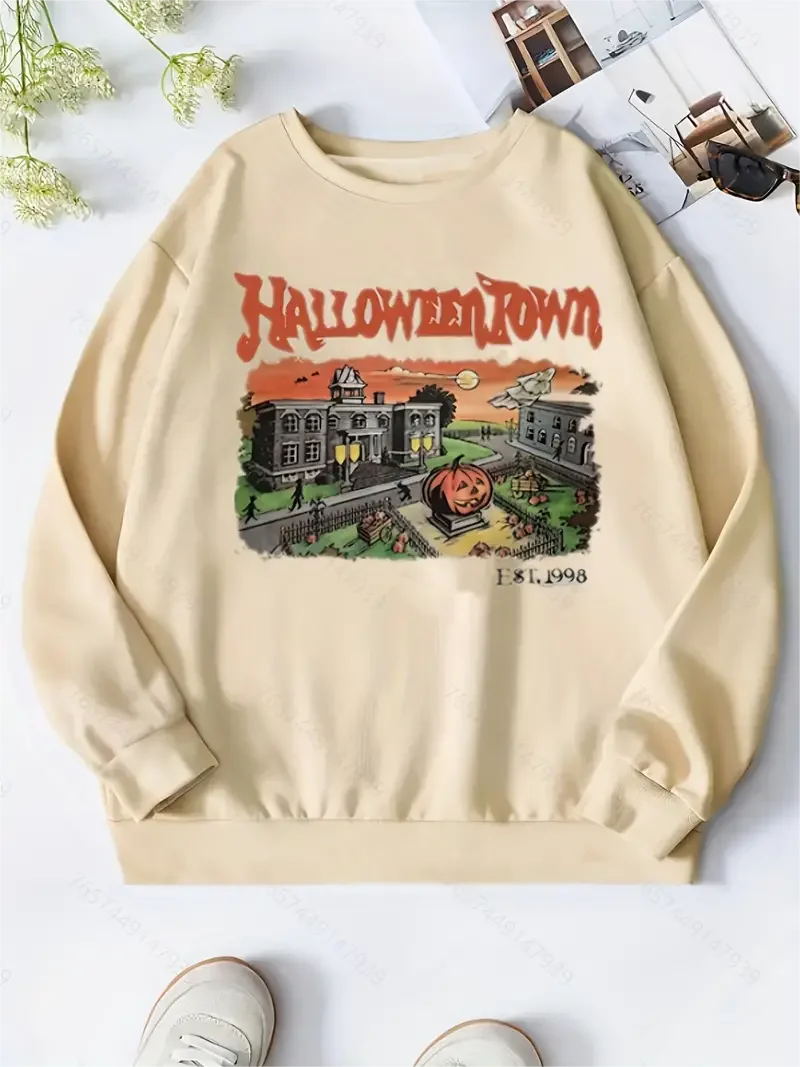 Halloween Town Print Pullover Sweatshirt Casual Long Sleeve Crew Neck Sweatshirt For Fall Winter Women\'s Clothing