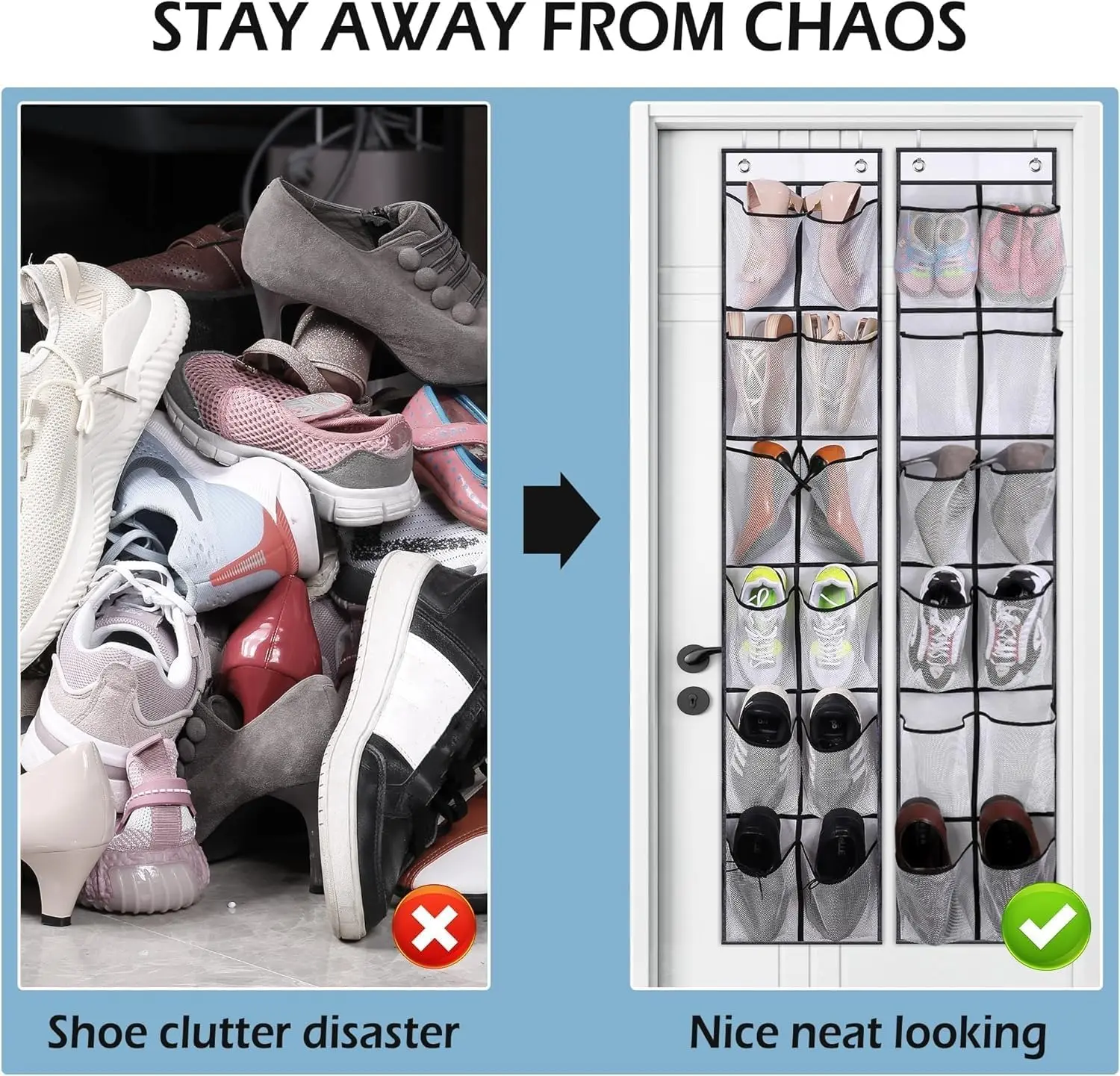 ドア掛け式シューズオーガナイザー、12個の大きなメッシュポケット付き、ホワイト、省スペース収納用2個パック