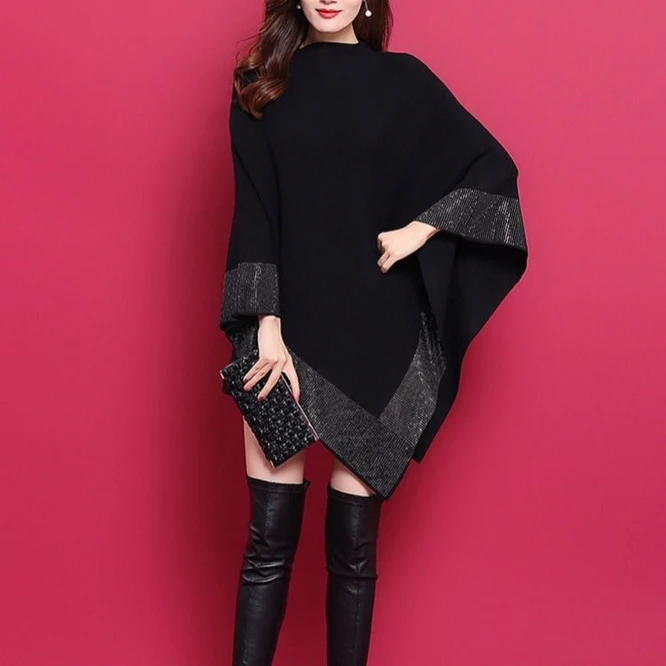 

New Autumn Fashion Winter Diamonds Knit Shawl Cloak Loose Plus Size Solid Woman Poncho Cape Pullover Sweater Black