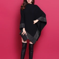 New Autumn Fashion Winter Diamonds Knit Shawl Cloak Loose Plus Size Solid Woman Poncho Cape Pullover Sweater Black