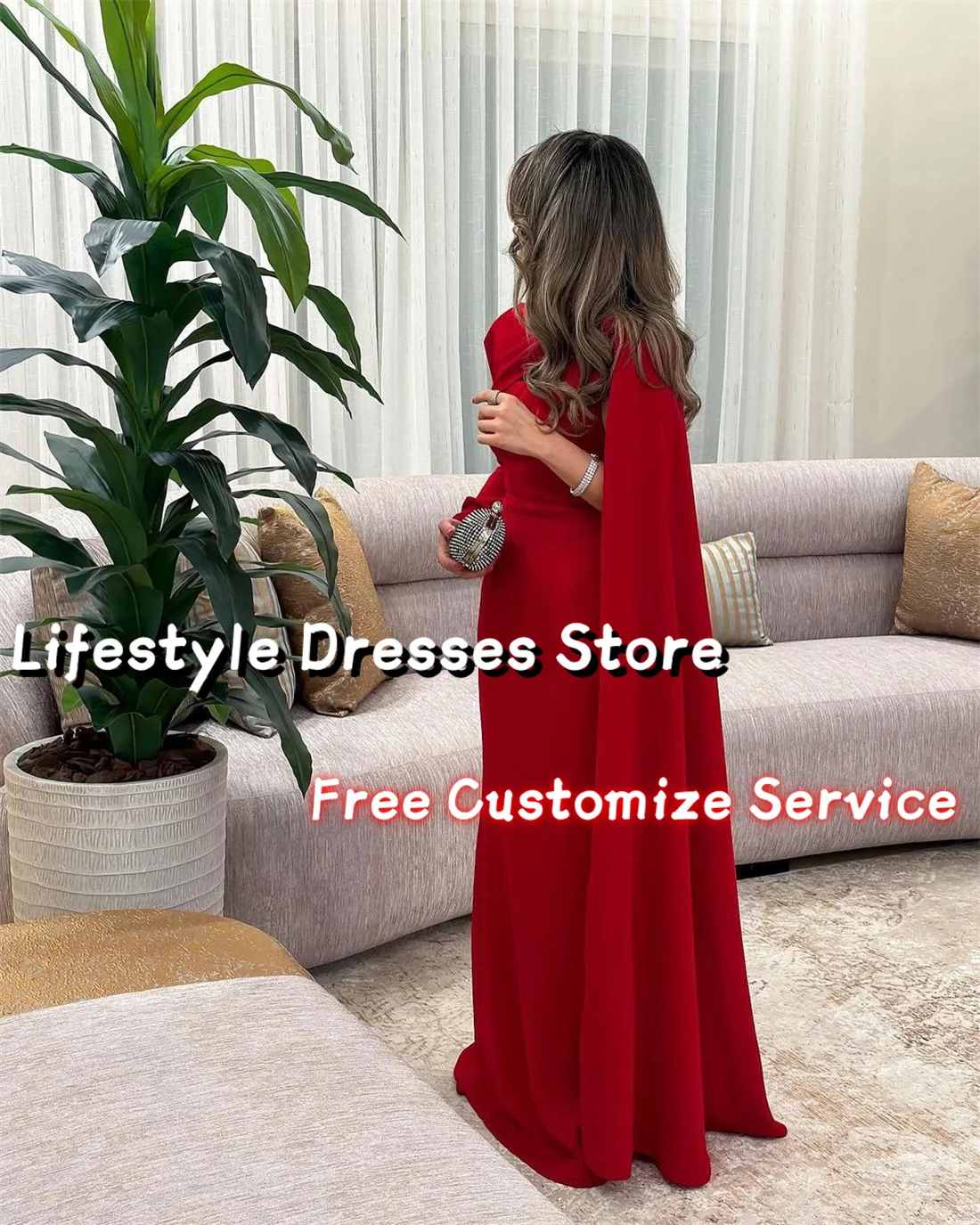 Customized Dark Red Cape Sleeves Arabia Prom Dress Wedding Party Gown Elegant Mermaid Long Evening Dress Formal Dress