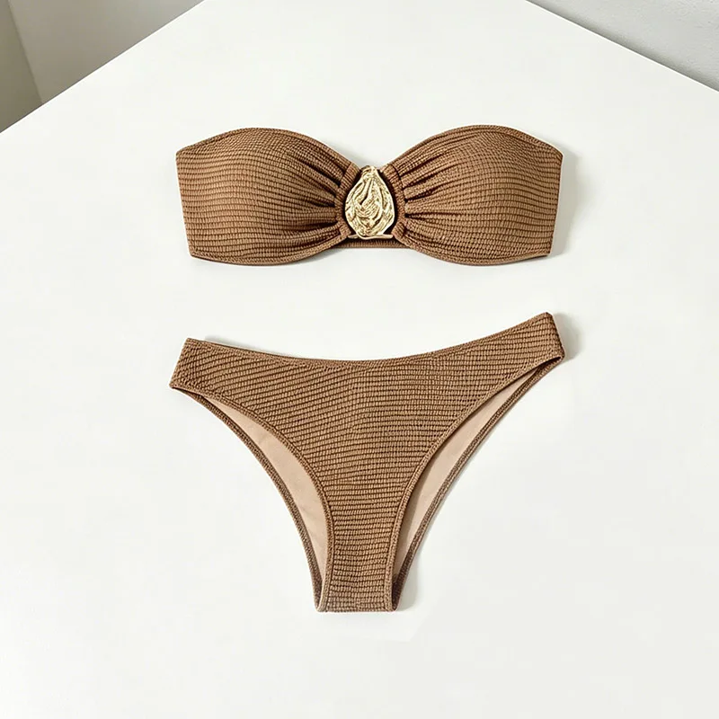 2026 Sexy Bikini Women Coffee Metal Water Droplet Ornament Push Up Mesh Skirt 3 Piece Swimsuit Beach Bathing Suit Swimwear