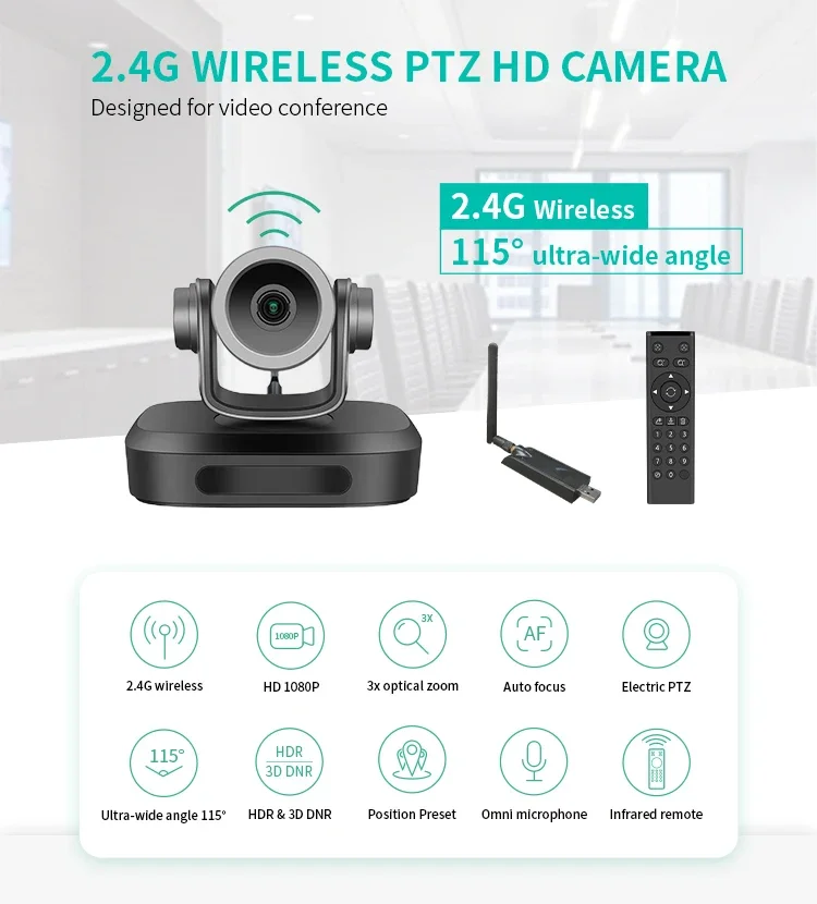 G07-3X 2.4G Ptz 360 Câmera de conferência sem fio Sistema de câmera de conferência 1080p Câmera de videoconferência para sala grande