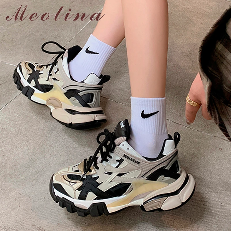 Meotina Women Genuine Leather Round Toe Platform Flat Sneakers Lace Up Mixed Colors Ladies Fashion Casual Shoes Spring Autumn 40