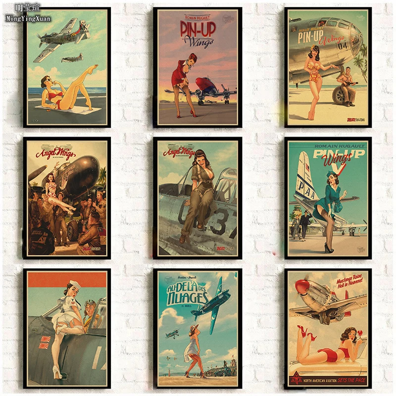 Vintege Poster New World War II Sexy Pin Up Girl Sticker Kraft Paper Posters and Prints Wall Art Picture for Living Room  gift