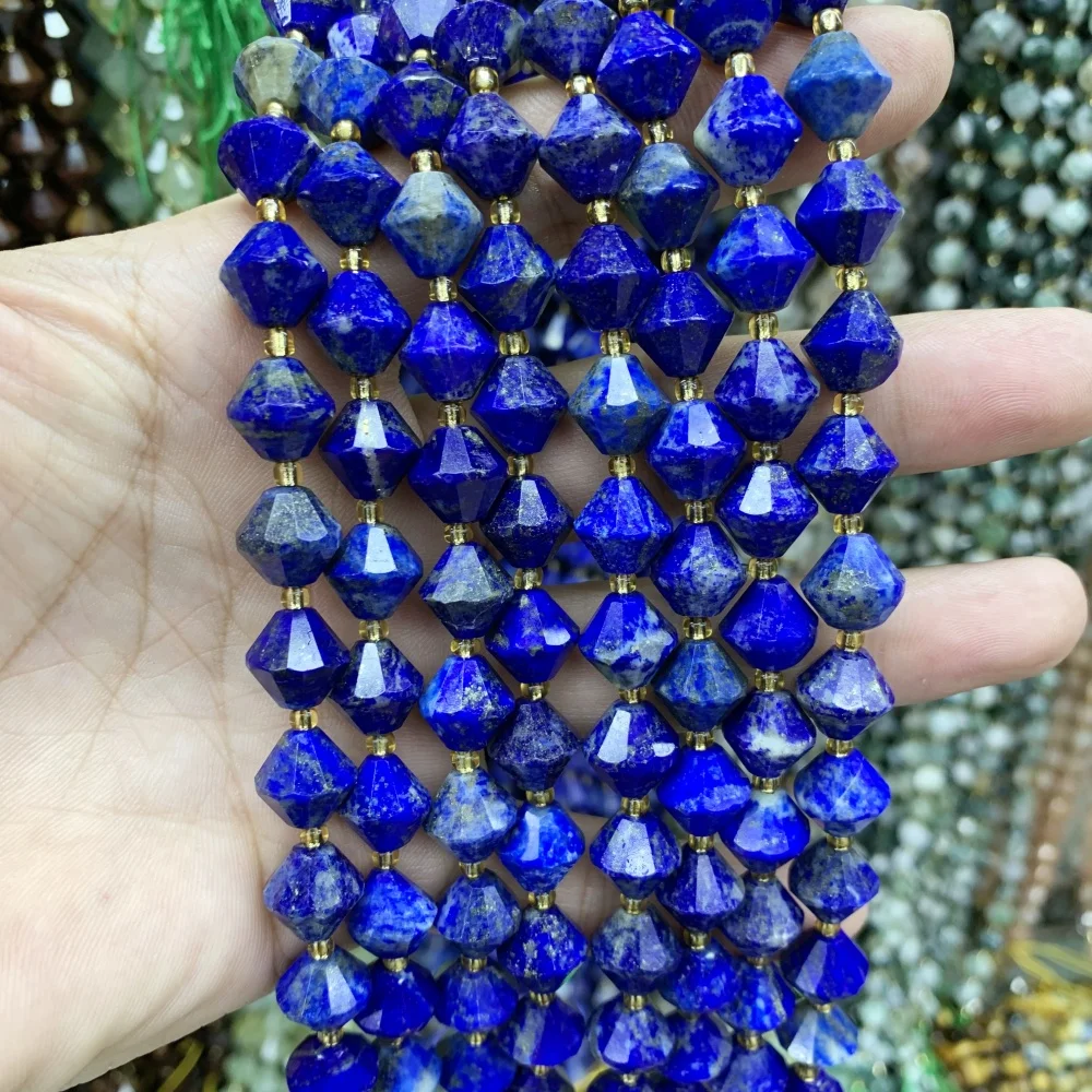 

Natural 10mm Lapis Lazuli Citrine Round Stone Pyramid Beads Faceted Loose Spacer For Jewelry Making DIY Necklace Bracelet 15''