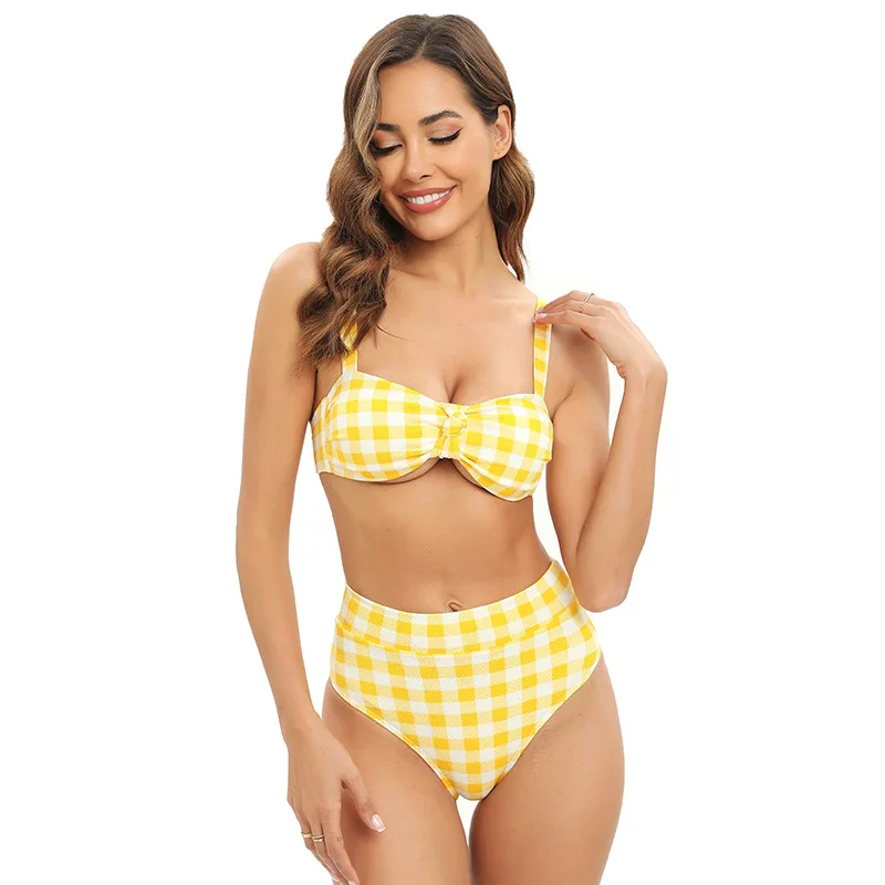 

New Split Swimsuit Bikini Printed Solid Color Three-Point Printed Sexy Sling Checkered Export