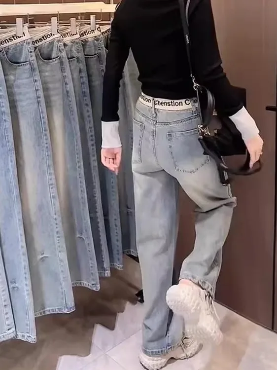 Dżinsy damskie slim fit z prostymi nogawkami, letnie, nowe, długie do podłogi, duże rozmiary, uniwersalne, haftowane, maskujące niedoskonałości, szerokie...