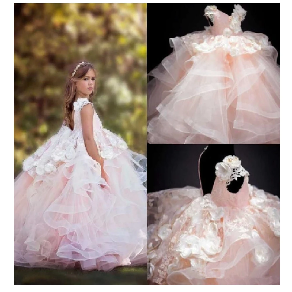 

Princess Flower Girl Dresses Appliqué Tulle Elegant Fluffy Lace Appliques Cascading Gown Kids Birthday First Communion Baptism