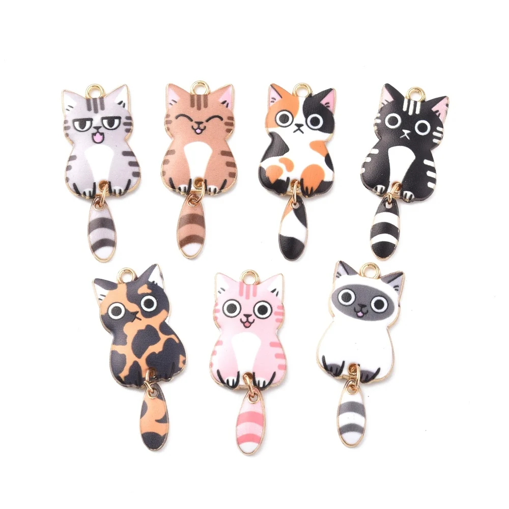 

100pcs Cute Cartoon Cat Enamel Charms Rack Plating Alloy Animal Pendant for Earring Necklace Bracelet Jewelry Making 38x15.7x3mm