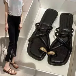 Fashion Women's Platform Sandals Summer 2024 Metal Decoration Cross Tied Square Toe Chunky Middle Heel Black Gold Silvery