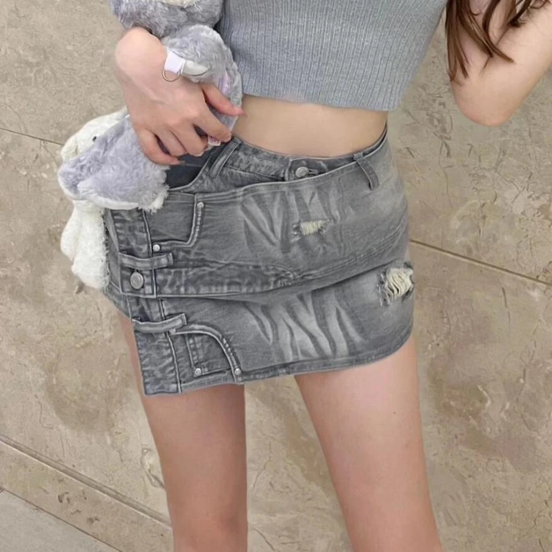 Pant-like Denim Skirt with Irregular Holes in Design; Sexy Spice Girl Dress in Spring and Summer of 2025