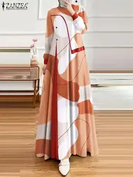 ZANZEA-vestido Abaya con estampado para mujer, ropa informal musulmana de manga larga, estilo Hijab, cuello redondo, Otoño, 2024