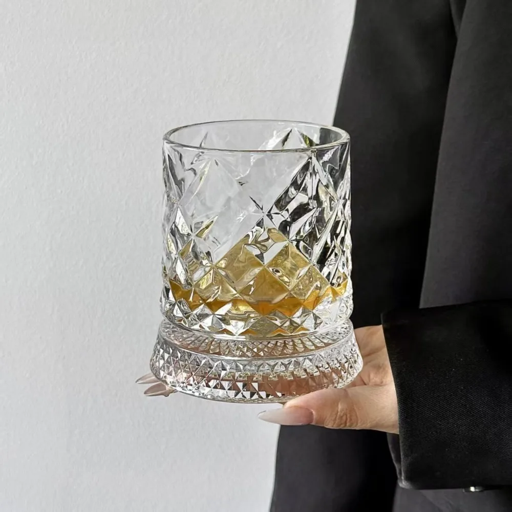 360 Degree Rotating Glass Wine Glass Transparent Thickened Drinking Glasses Glowing Base Crystal Relief Liquor Cup Party