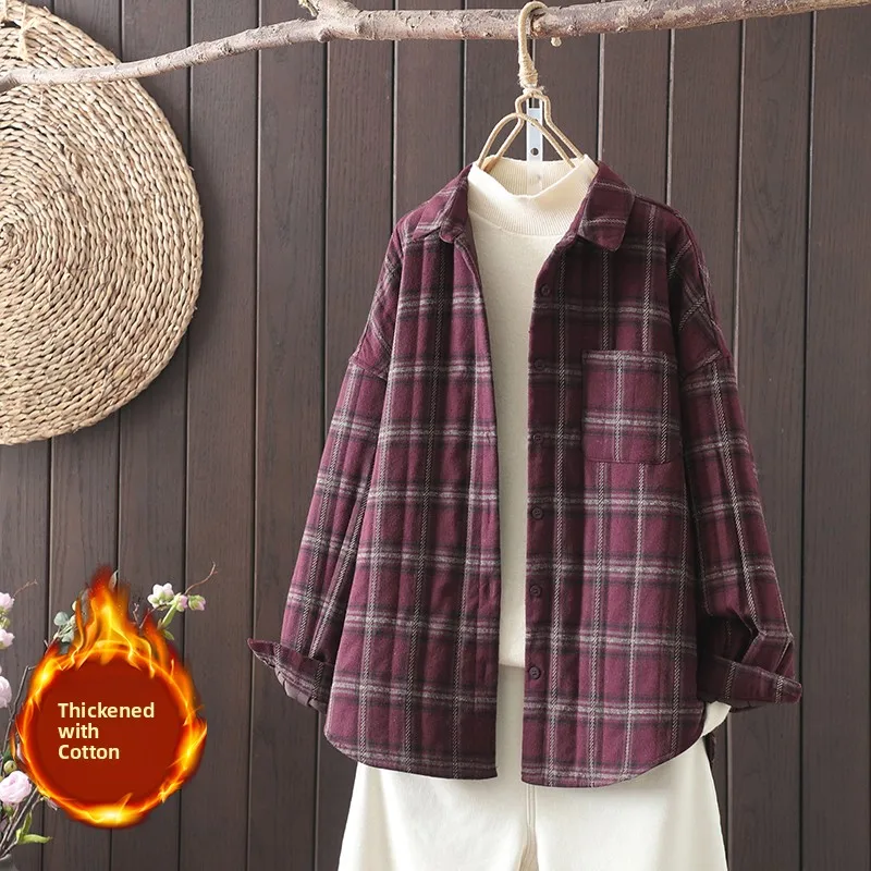 レトロな格子縞の綿素材の女性用ロングスリーブルーズ韓国風スリーブルーズ秋春アウターウェアボタンアップレイジートップ