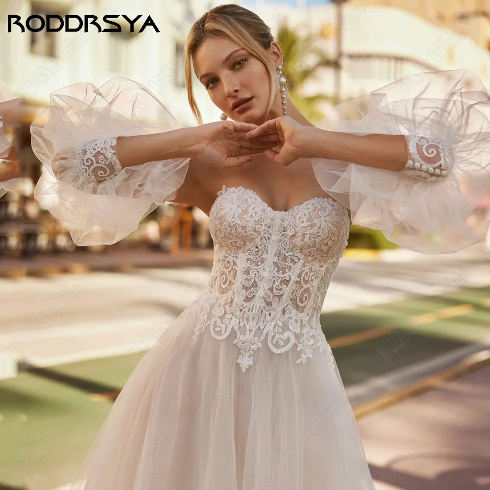 RODDRSYA Sweetheart Wedding Gown For Woman Detachable Puff Sleeves Bridal Party Dress With Button Applique A-Line Bridal Gowns