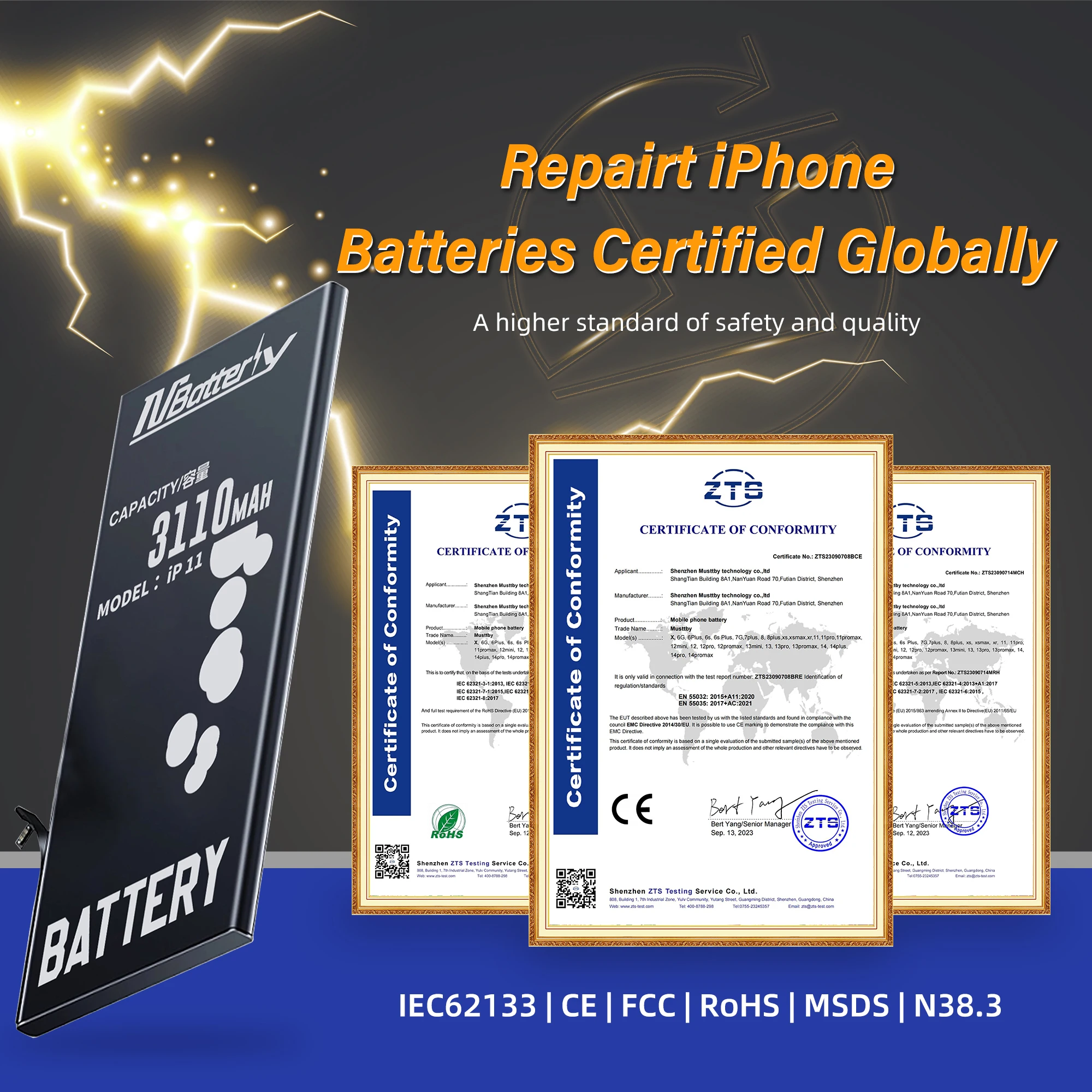 Musttby OEM Mobile Phone Replacement Battery for iphone 6 6s 6plus 6splus 7 7plus 8 8plus X Xs Xr Xsmax 11 11pro